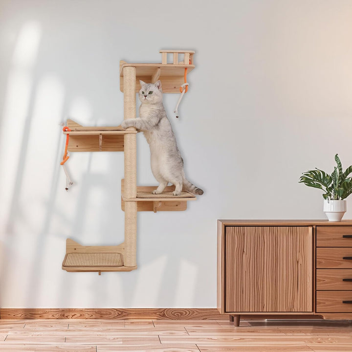 Kratzbaum zur Wandmontage, 7 Stück, Katzen-Wandregale und Sitzstangen mit hohen Sisal-Kratzstämmen,