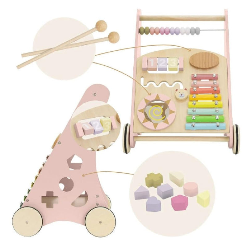 COIL Babywalker Lauflernwagen 3in1, Kinderwagen aus Holz, Lernspielzeug, ab 12 Monaten (Rosa), Rosa