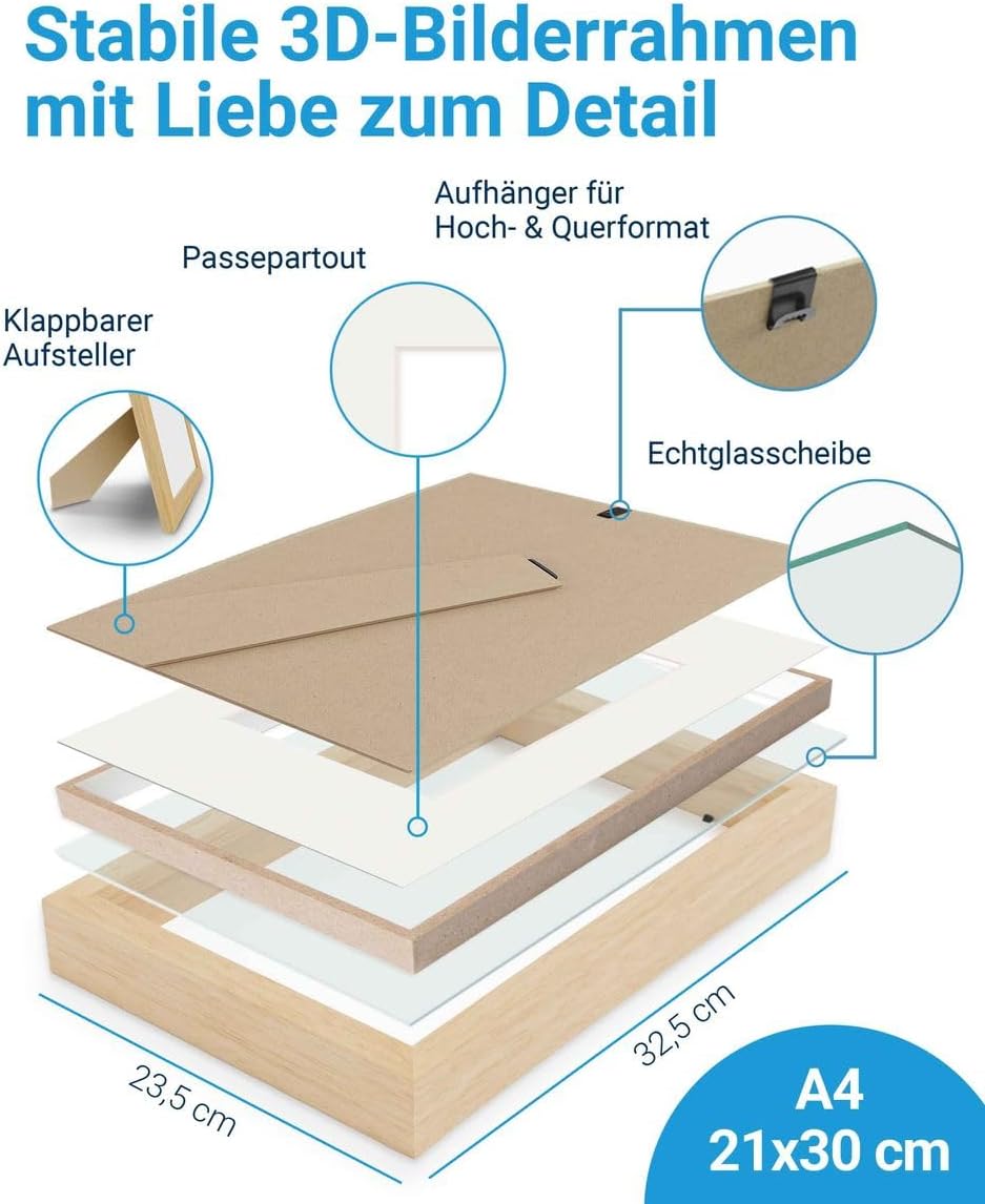 PHOTOLINI 3D Bilderrahmen zum Befüllen 21x30 A4 Natur, 1,5 cm tiefer Objektrahmen mit Glas, tiefer B