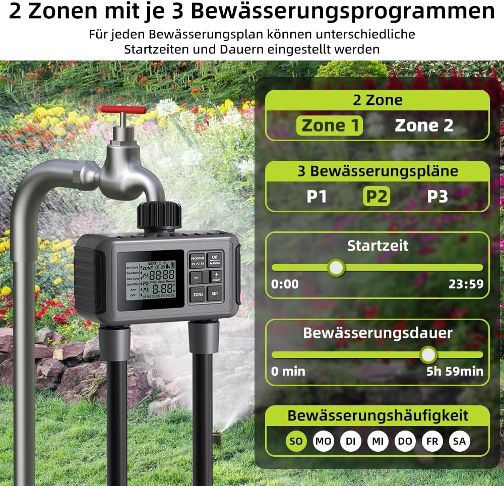 Uzoli SGW07 Bewässerungscomputer mit 2 Ausgänge, Regenverzögerung, IP55 Wasserdicht, Einfache Progra