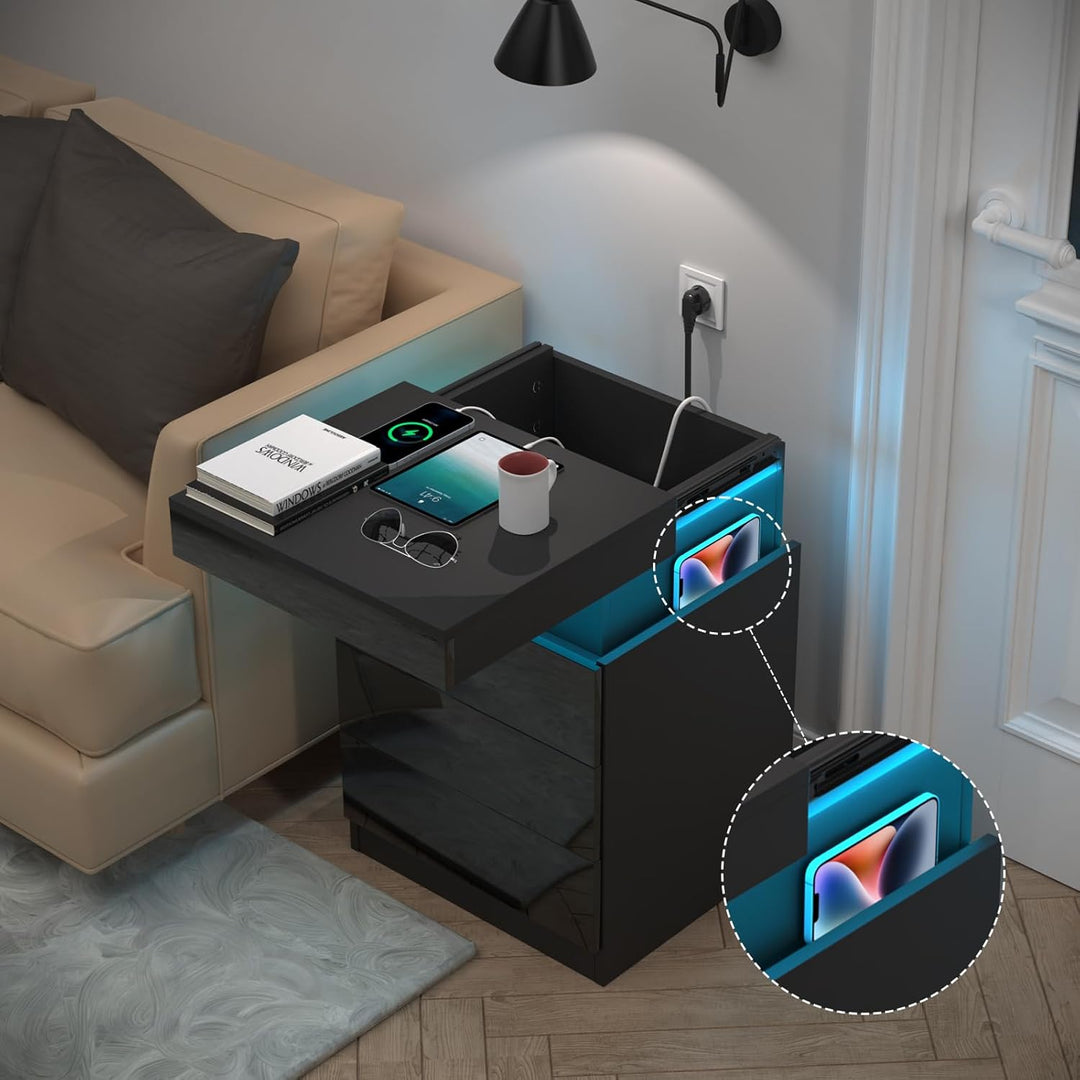 Lvhecforhm Nachttisch mit Ladestation, Nachttisch mit LED Licht, Nachttische mit USB Anschlüsse, Sch
