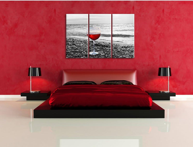 Pixxprint Weinglas am Strand als Leinwandbild | Grösse: 3 Teilig (120x80) | Wandbild| Kunstdruck | f