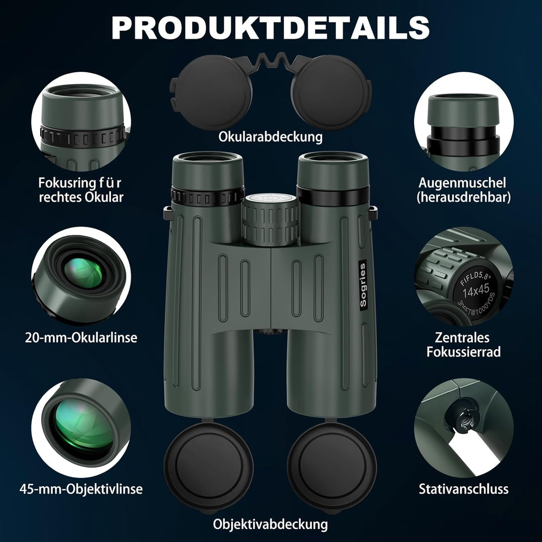 14x45 Fernglas für Erwachsene, leistungsstark, professionelles HD-Fernglas zur Vogelbeobachtung, Jag