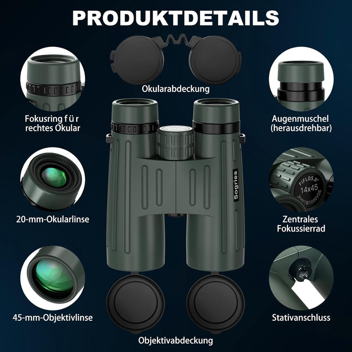 14x45 Fernglas für Erwachsene, leistungsstark, professionelles HD-Fernglas zur Vogelbeobachtung, Jag