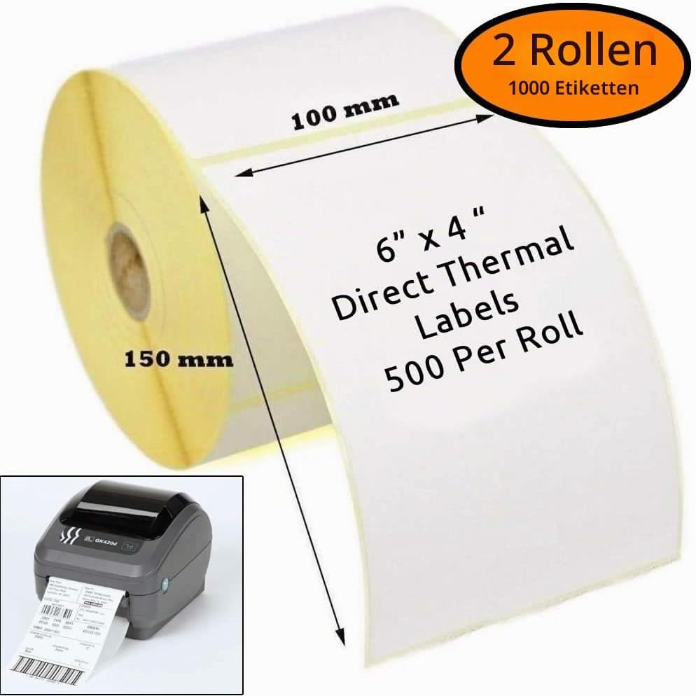 Thermo-Etiketten für Zebra Drucker GK420D GX420D GK420T (1000 Etiketten), Weiss, 100 x 150