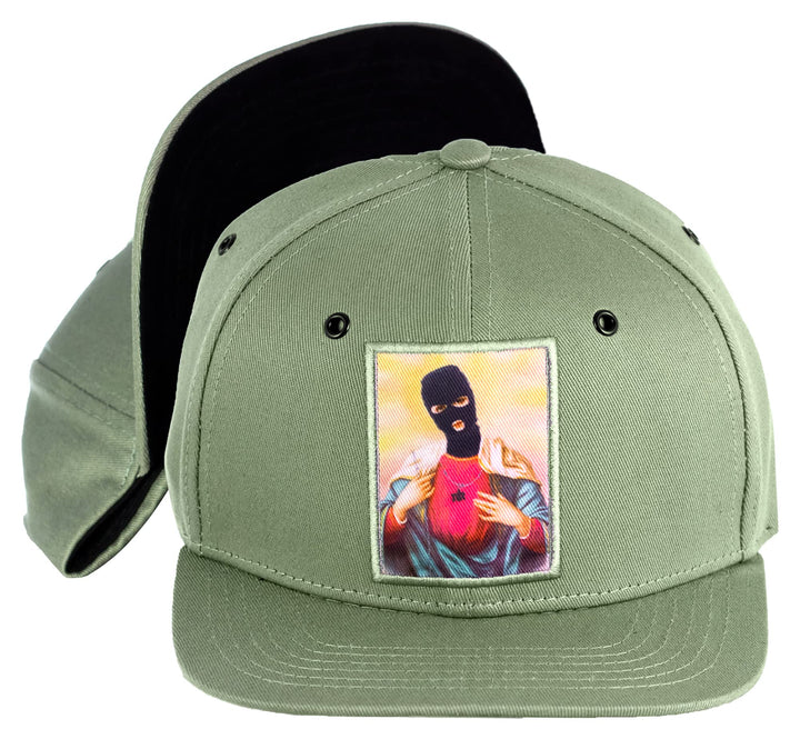 Nebelkind Snapback Cap Iconic Olivgrün Gemälde Ikone mit Sturmmaske Grössenverstellbar Unisex One Si