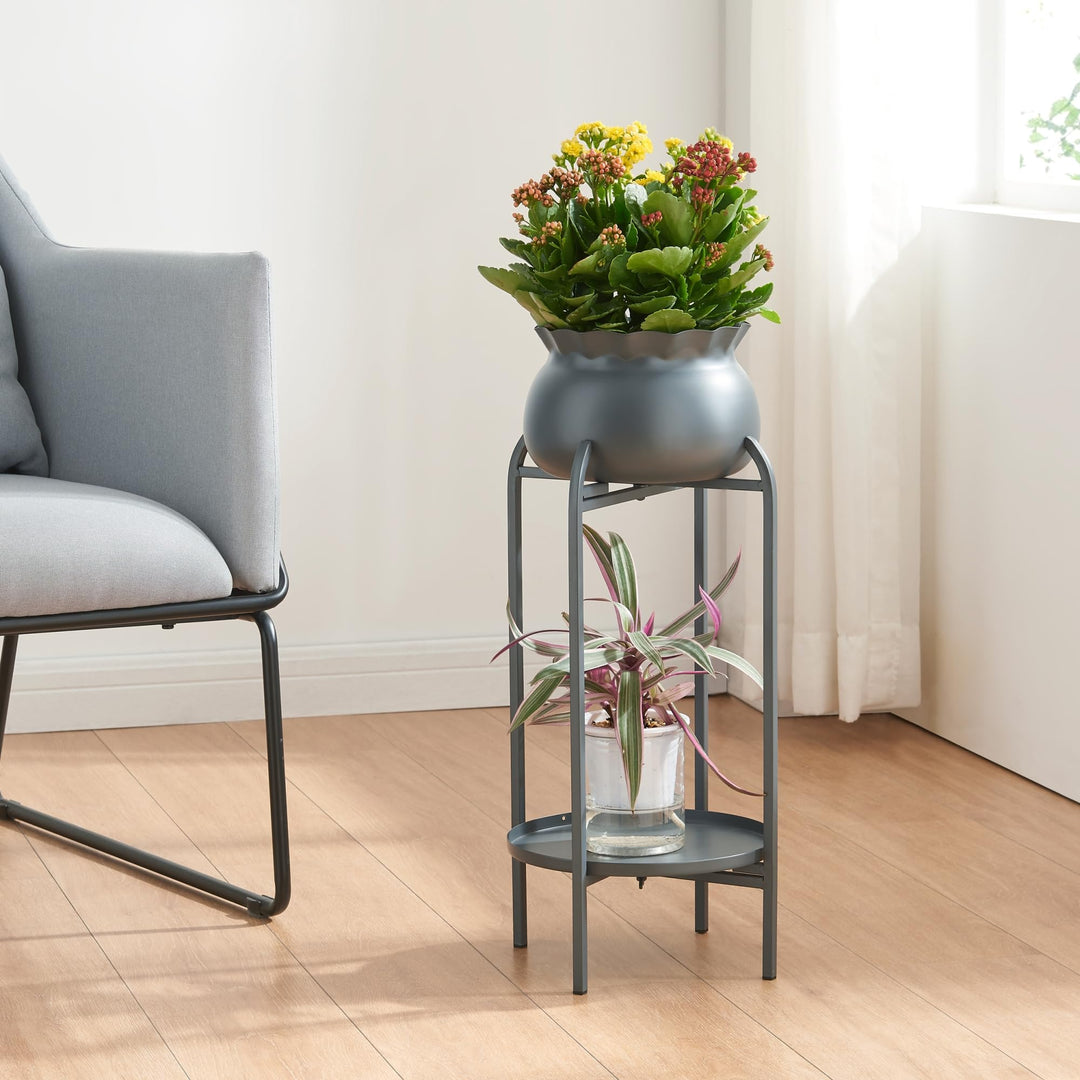 [en.casa] Blumenständer Altena Pflanzenständer mit Blumentopf und Ablage Metall Schwarz Pflanzenrega