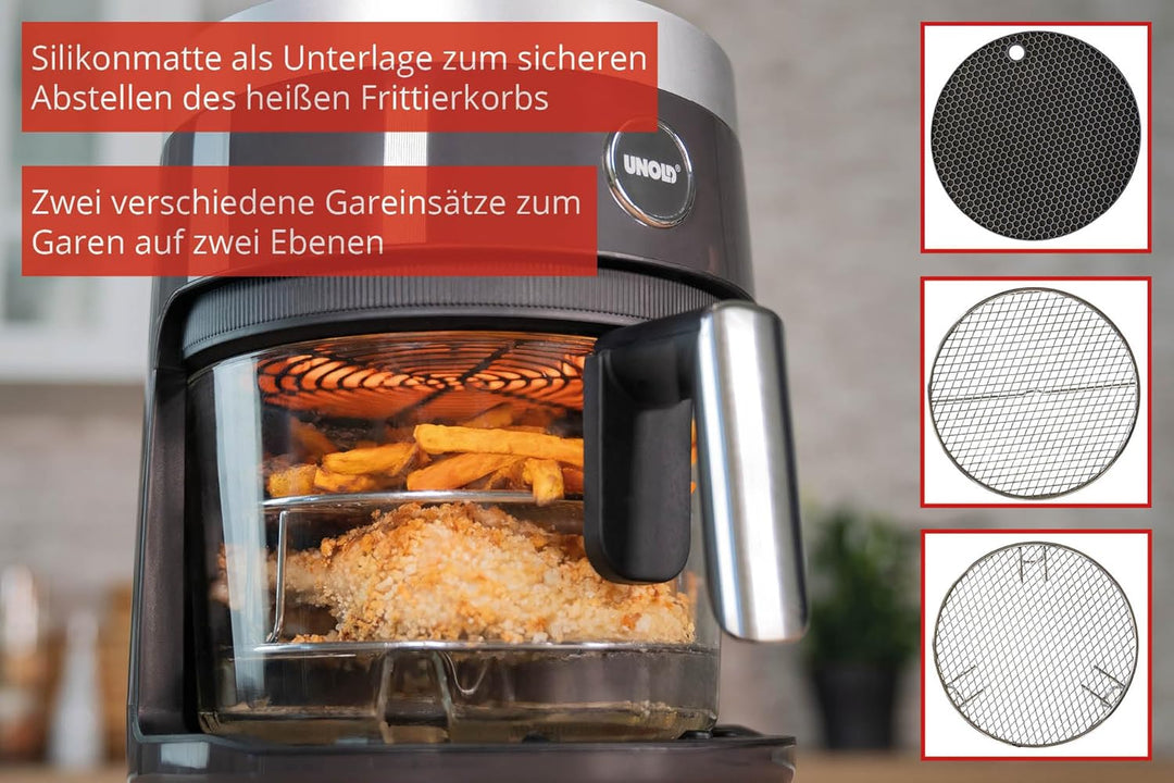 Unold 58695 Glas Heissluftfritteuse BPA-frei - Air fryer,1.200 Watt, LED-Touchscreen, 10 Automatikpr