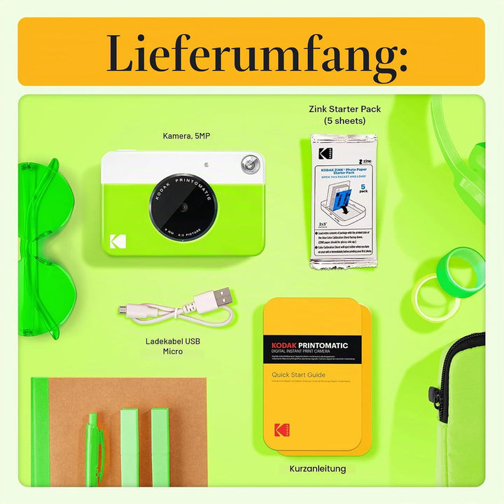 KODAK Printomatic Sofortbildkamera (Grün) Basis-Paket + Zinkpapier (20 Blätter) Etui + Bequemer Hals