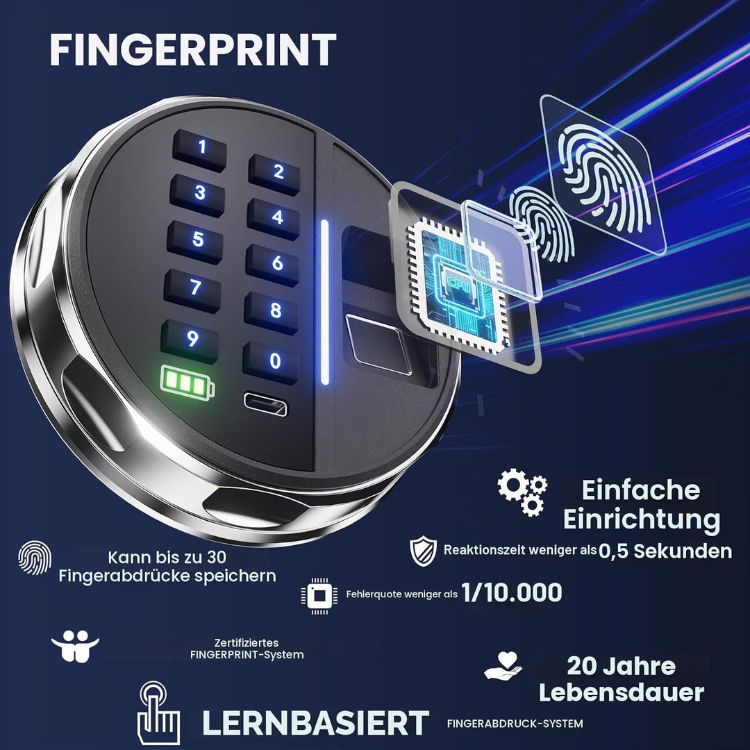 Grimtron Biometrischer Fingerabdruck-Tresor – 22L Sicherheitsbox mit LED-Beleuchtung, leisem Modus,