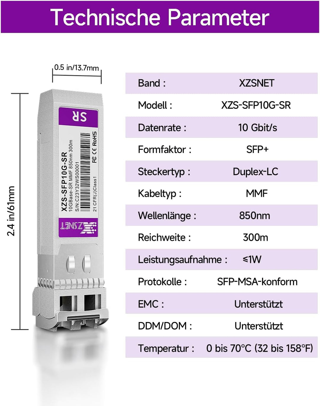 10GBASE-SR SFP+ Transceiver, 10G SFP+ zu LC Multimode Fiber Modul für Cisco SFP-10G-SR, Ubiquiti Uni