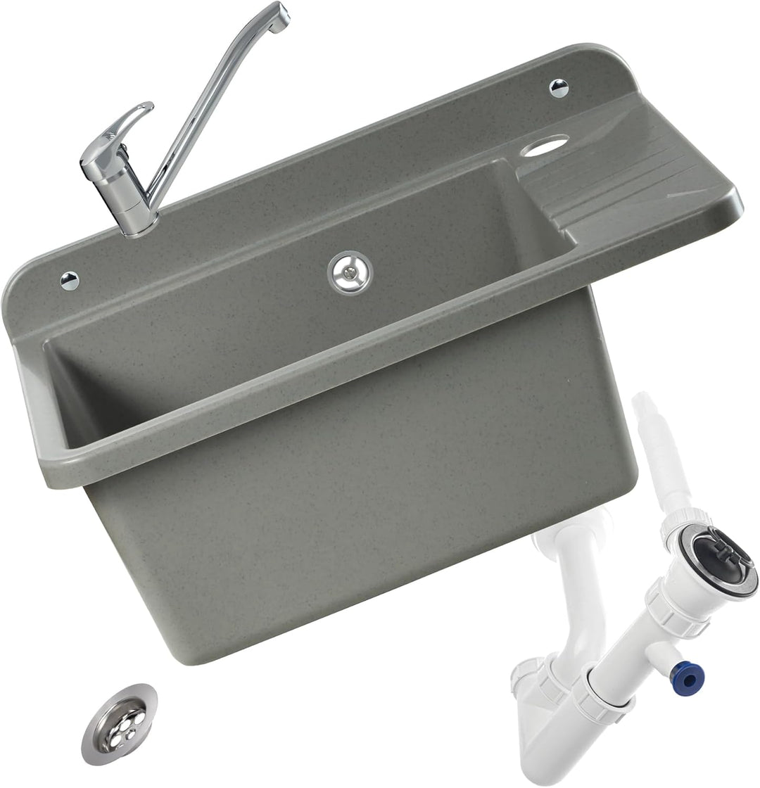 GOSPO Ausgussbecken aus Polypropylen, 50,4 x 34 x 26,5 cm, Spülbecken mit Armatur, Siphon und Montag