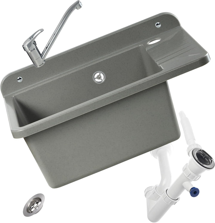 GOSPO Ausgussbecken aus Polypropylen, 50,4 x 34 x 26,5 cm, Spülbecken mit Armatur, Siphon und Montag