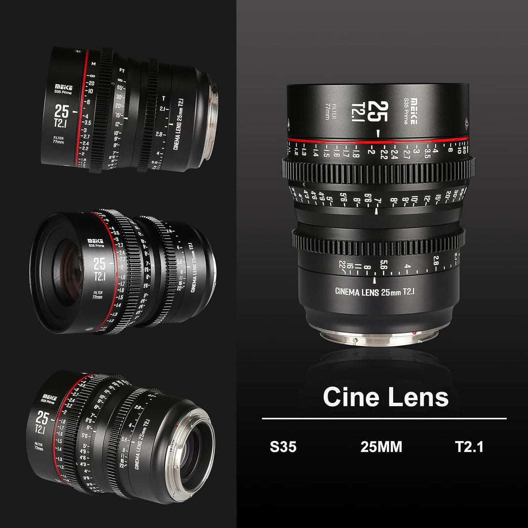 Meike 25 mm T2.1 S35 Manueller Fokus Weitwinkel Prime Cinema Objektiv für Canon EF Mount und Cine Ca