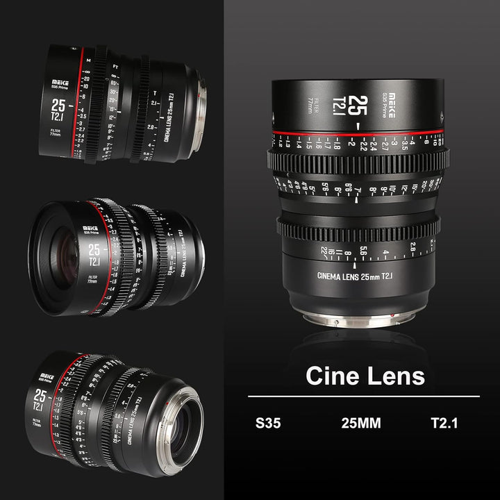 Meike 25 mm T2.1 S35 Manueller Fokus Weitwinkel Prime Cinema Objektiv für Canon EF Mount und Cine Ca