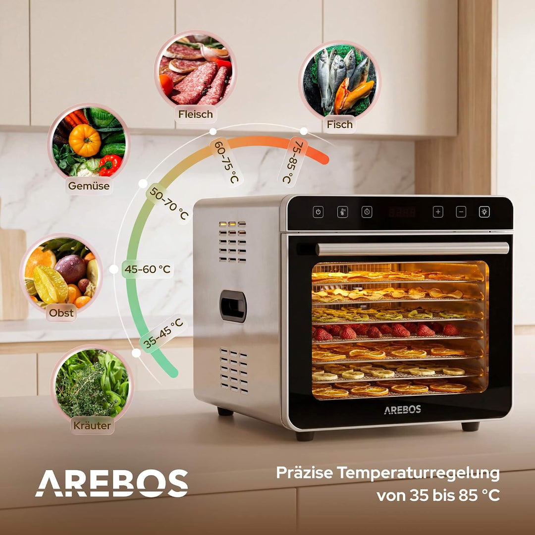 Arebos Dörrautomat Edelstahl 700W | Dehydrator mit 8 Gittern & 19L | Dörrgerät für Obst, Gemüse, Krä