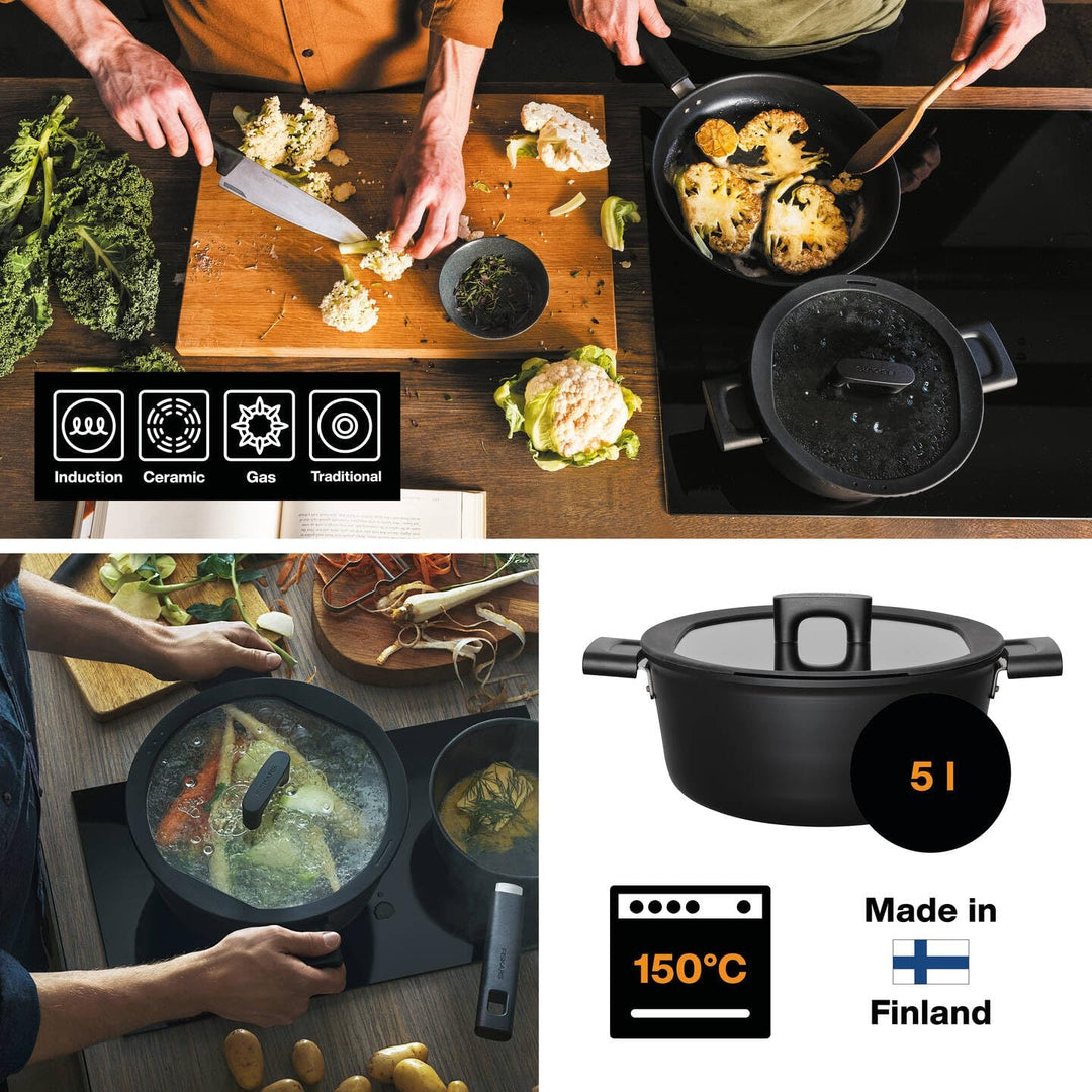 Fiskars Kasserolle mit Deckel, Ø 26 cm, Füllmenge: 5 Liter, Für alle Kochfelder geeignet, Aluminium/