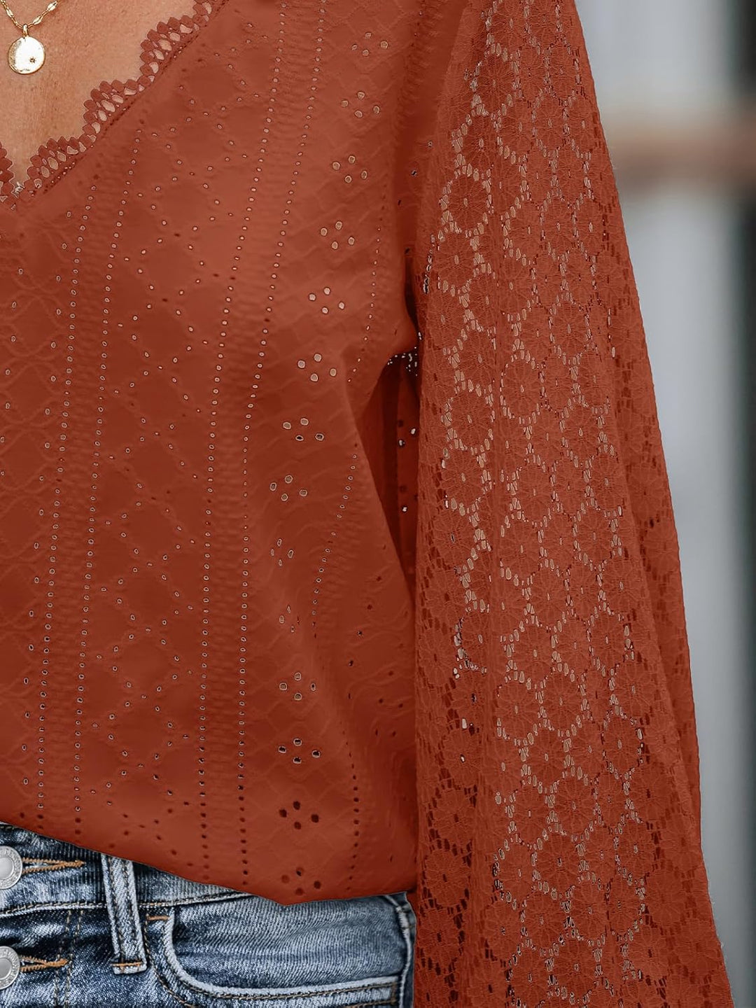 CUPSHE Damen Blusen V-Ausschnitt Spitzen Wellenkante Puffärmel Langarmshirt Lässige Lace Oberteile T