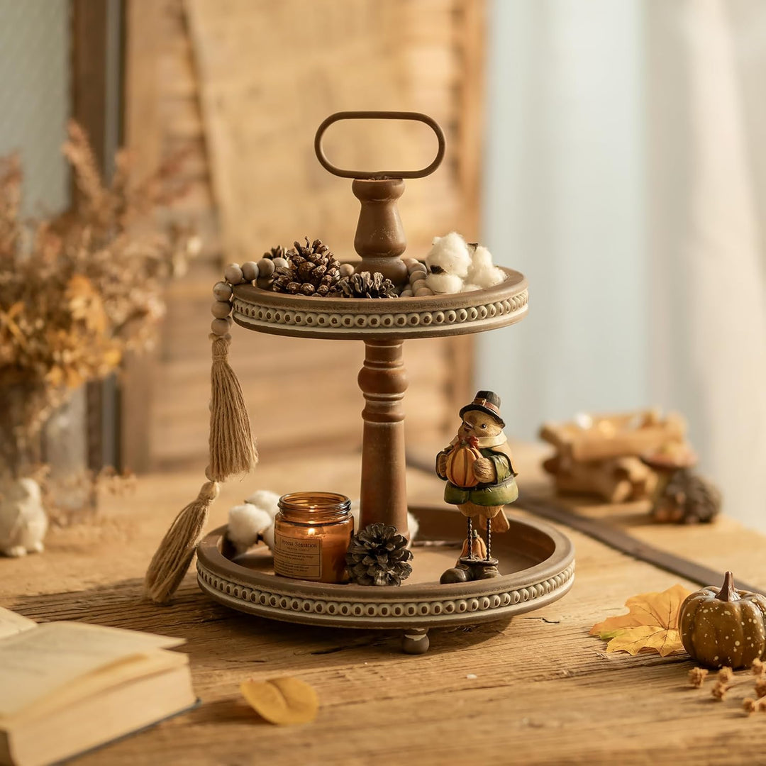 Hanobe Holztablett Deko Tablett Rund: Braun Serviertablett Holz mit 2 Ebenen Bauernhaus Dekotablett