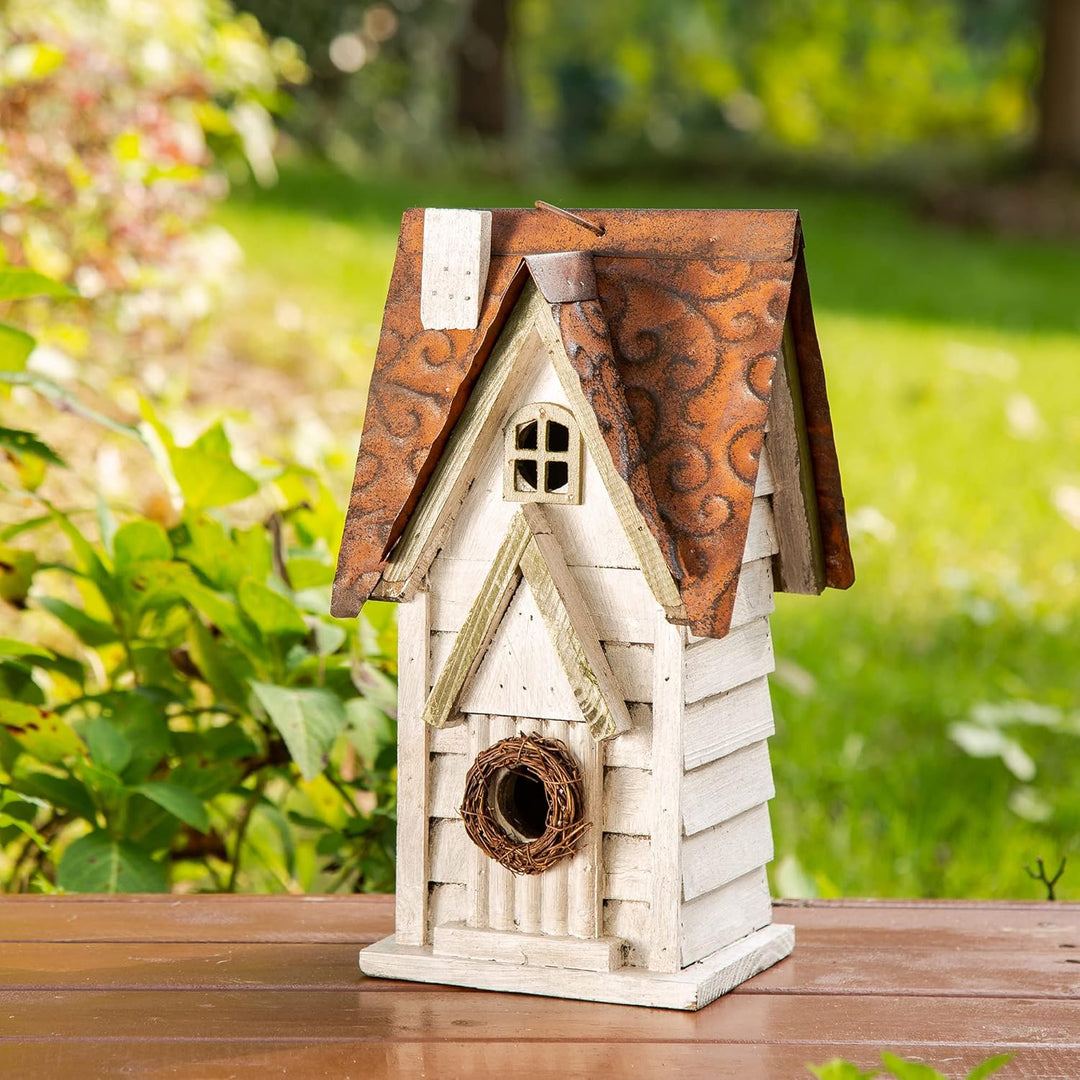 Glitzhome GH90086 Hängendes Vogelhaus aus Holz, abgenutzt, Weiss Weiss/opulenter Garten, Weiss/opule
