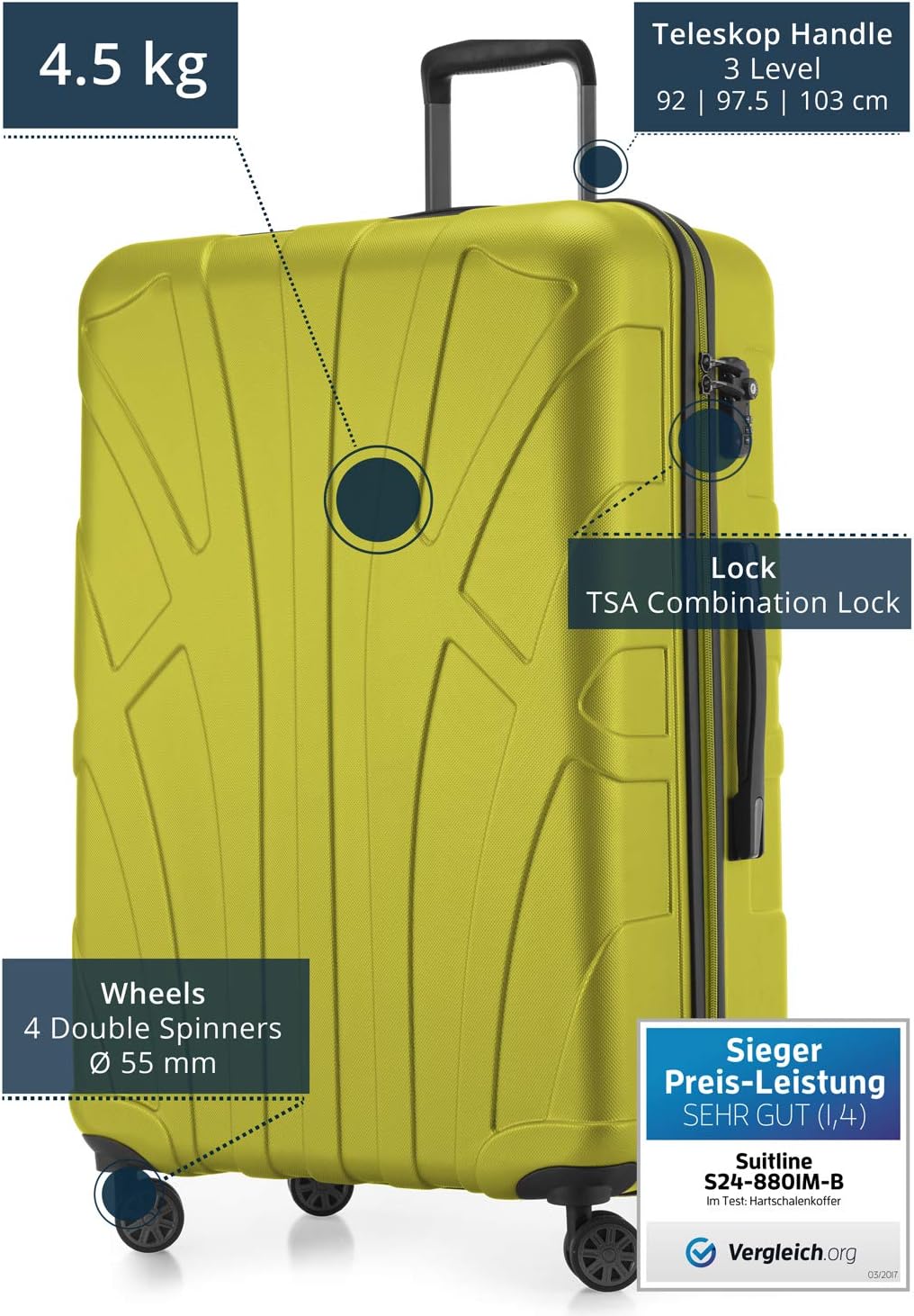 suitline grosser Hartschalen-Koffer Koffer Trolley Rollkoffer XL Reisekoffer, TSA, 76 cm, ca. 96-110