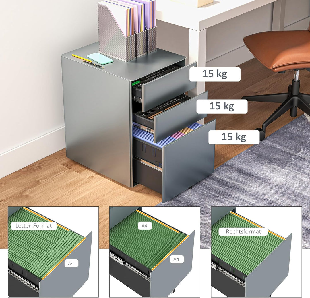 Vinsetto Rollcontainer, mobiler Aktenschrank mit 3 Schubladen, abschliessbarer Büroschrank mit Hänge
