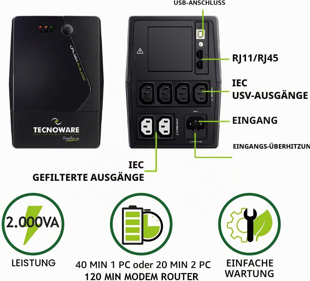 Tecnoware UPS 2000VA für PC/Modem, NICHT für Gaming/Konsole, ERA PLUS USV, 6 IEC, Software, Schutz v