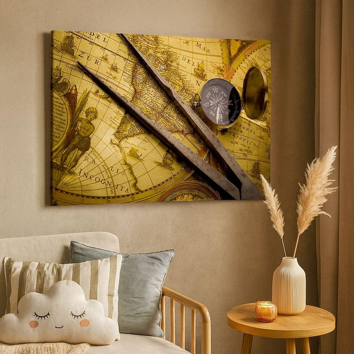 Bilder auf Leinwand 100x70cm Leinwandbild Kompass Abenteuer Reisen Gross Wanddeko Bild Schlafzimmer