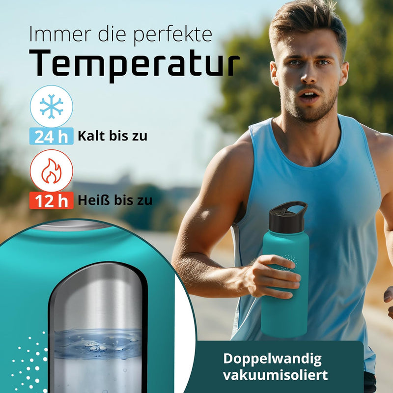 Trinkflasche Edelstahl ACTIVE FLASK + Strohhalm (3 Deckel) BPA-frei, Auslaufsicher, Kohlensäure geei
