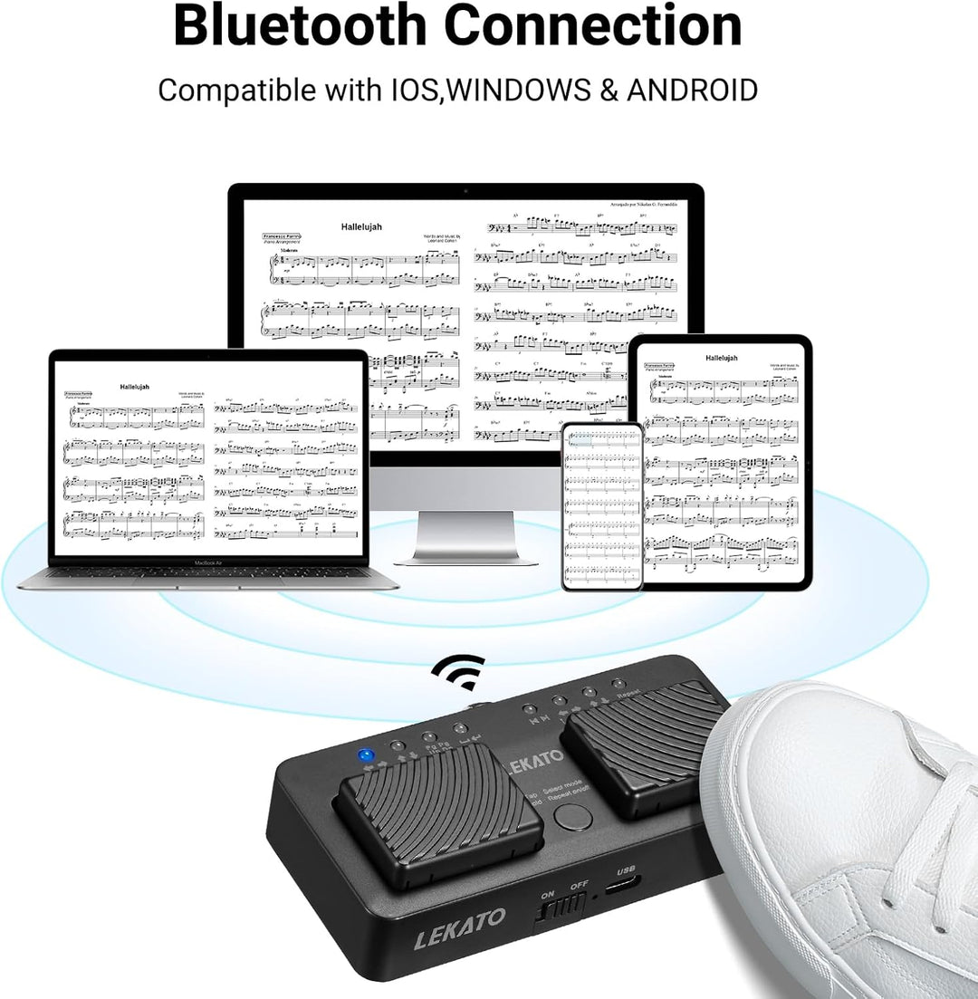 LEKATO Bluetooth Page Turner Pedal für Tablet Smartphone, Wiederaufladbares Page Turning Pedal, Drah