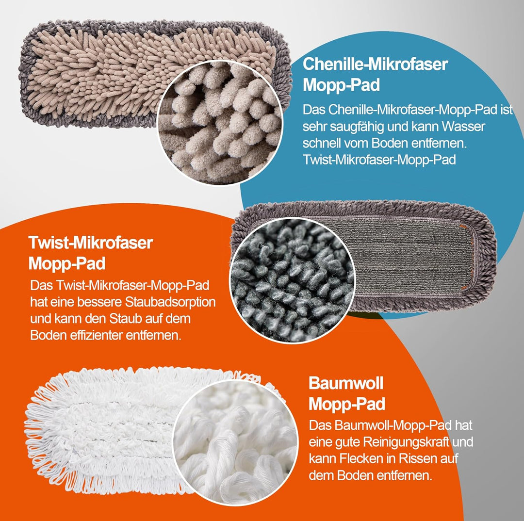 CLEANHOME Bodenwischer Set mit 3 Waschbare Fasermopp-Pads und Ausziehbaren Langen Stiel（112-140CM）,