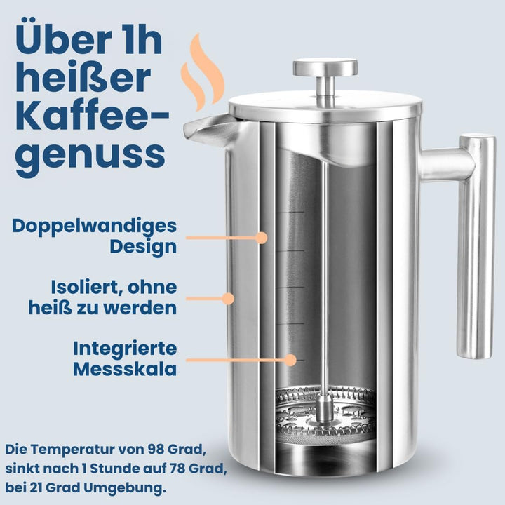 French Press Edelstahl 1000ml I Thermo Kaffeebereiter isoliert I Doppelwandig incl. 3 Ersatzfilter &