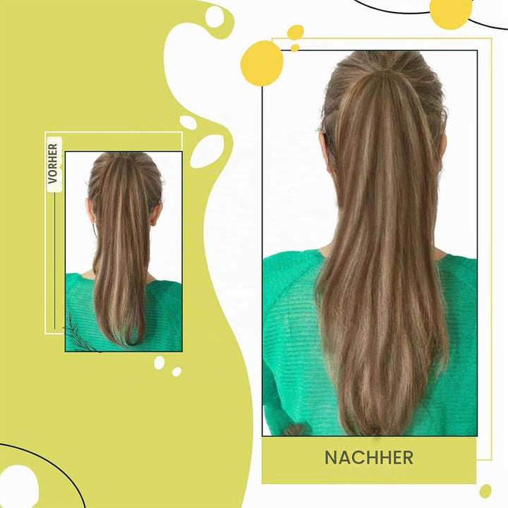 RUNATURE Zopf Extensions Echthaar Braun mit Blond Haarverlängerung Zopf Echthaar Braun Glatt Ponytai
