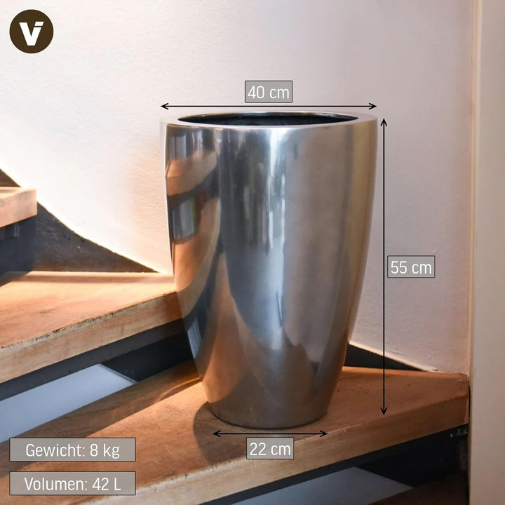 VIVANNO Pflanzkübel Pflanzgefäss Blumenkübel Fiberglas Silber Metallic OPALA (55x40), Silber Metalli