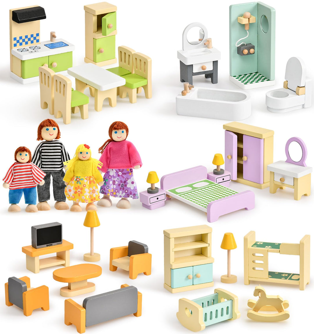 Atoylink Bunt Puppenhaus Möbel Set aus Holz, Puppen Zubehör Spielzeug mit Puppenhaus Puppen, Rollens