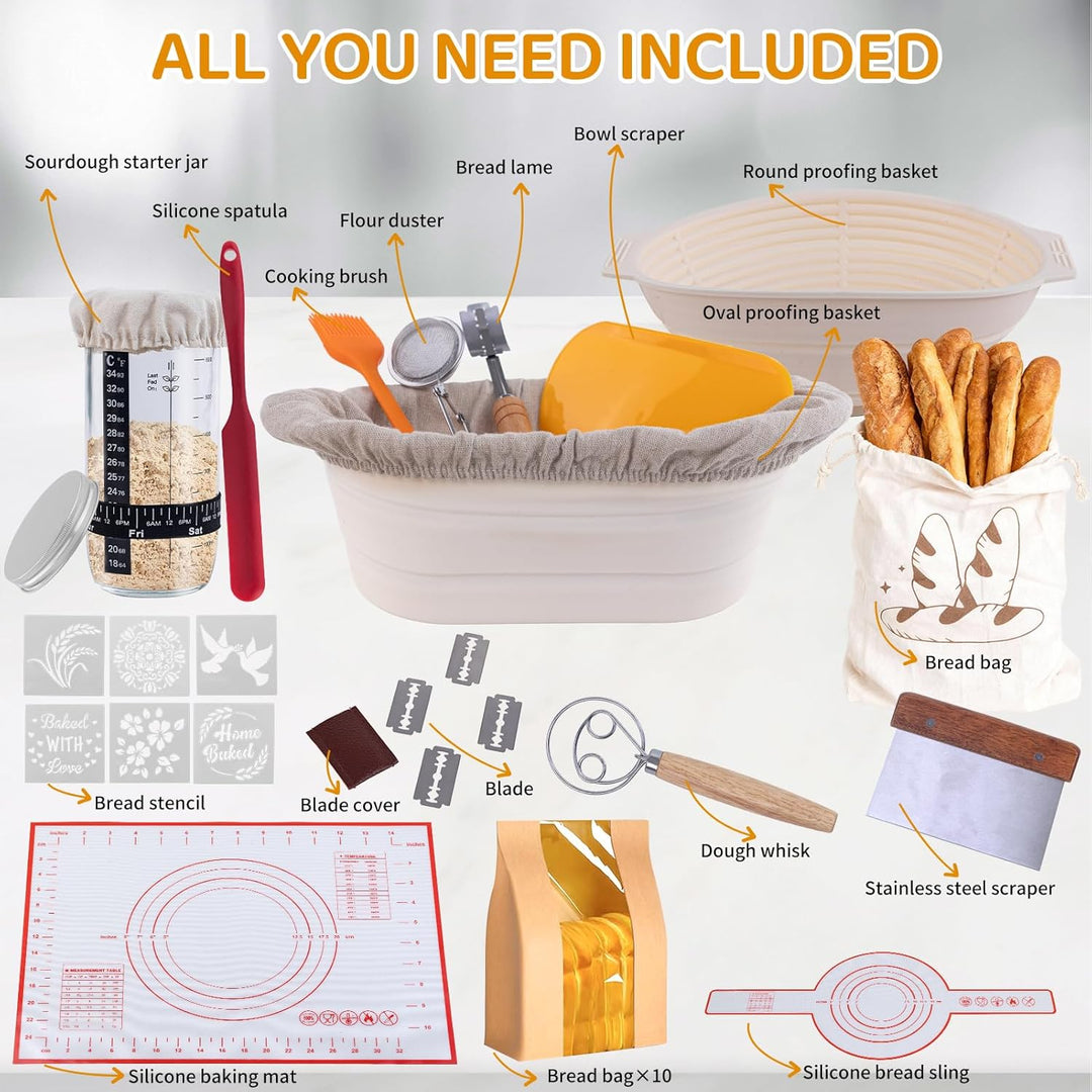 Gärkörbchen Sauerteig Starter Set – 23cm Rund & 25cm Oval Brot Gärkorb Set mit Starterglas, Komplett