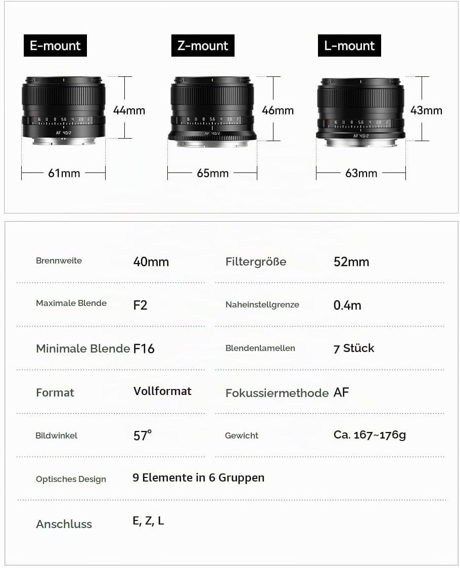 TTARTISAN AF 40mm F2 L Mount Vollformat Autofokus Objektiv, Grosse Blende Kompaktes Leichtes Kamerao