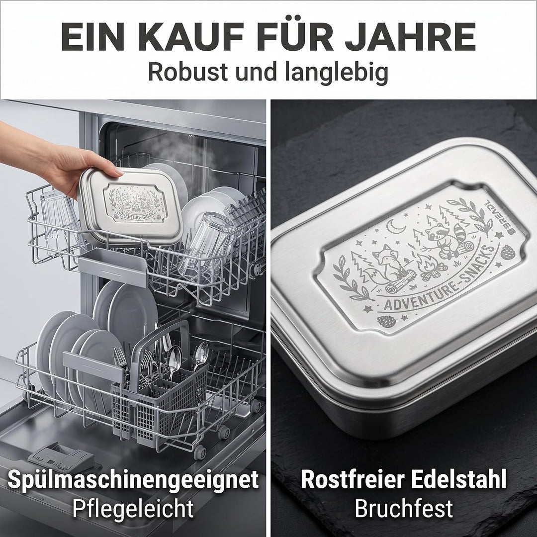 Edelstahl Brotdose, Feste Trennwand und 3 Fächer, Plastikfrei, Rostfrei, Spülmaschinengeeignet, Klei