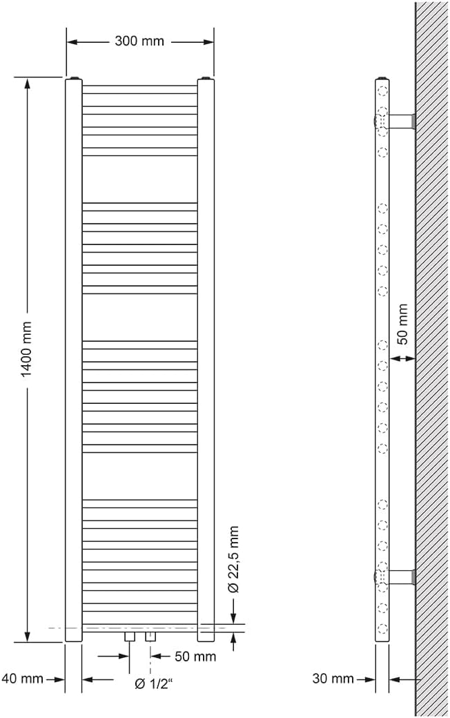 ECD Germany Badheizkörper Mittelanschluss 300 x 1400 mm Weiss gerade mit Thermostat und Anschlussgar