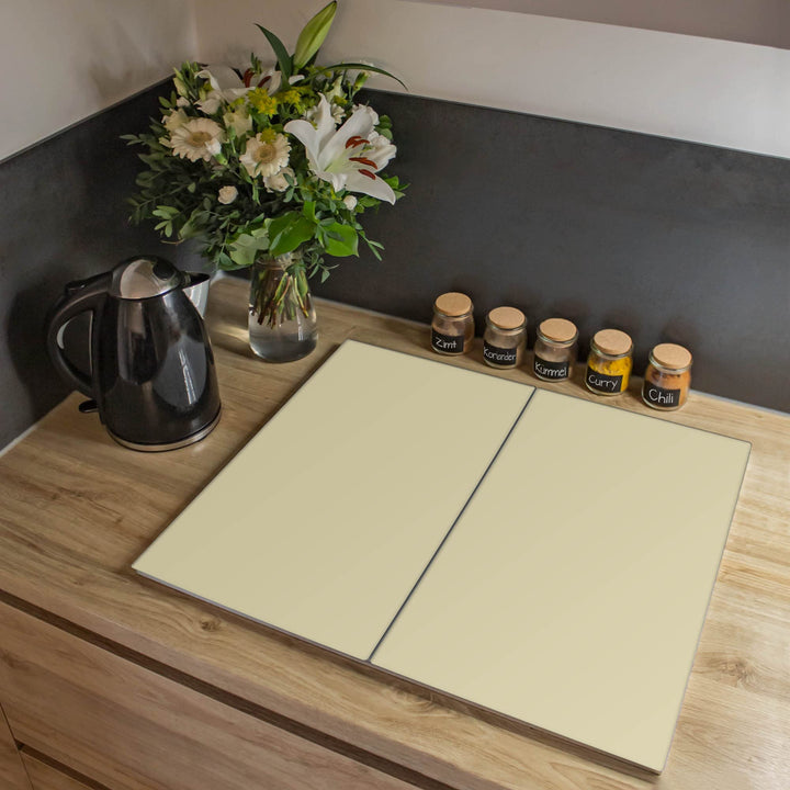 banjado® Herdabdeckplatte Glas 2-teilig je 30x52 cm/Schneidebrett Herdabdeckung mit Motiv Beige/Herd