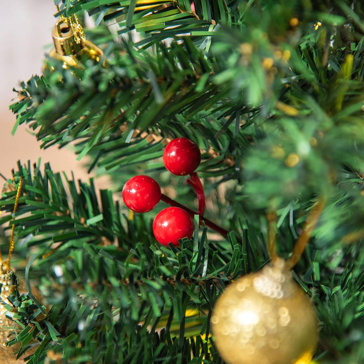 HOMCOM Weihnachtsbaum Klein, Mini Christbaum mit Stechpalmenbeeren, 15 LED-Lichtern und Kugeln, Küns