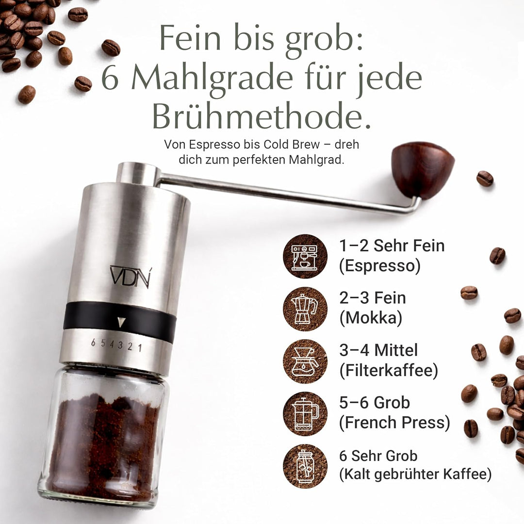 VDN Kaffeemühle manuell - Kaffeemühle Kegelmahlwerk [aus Edelstahl] - Kaffeebohnen Mahlgerät [6 Mahl
