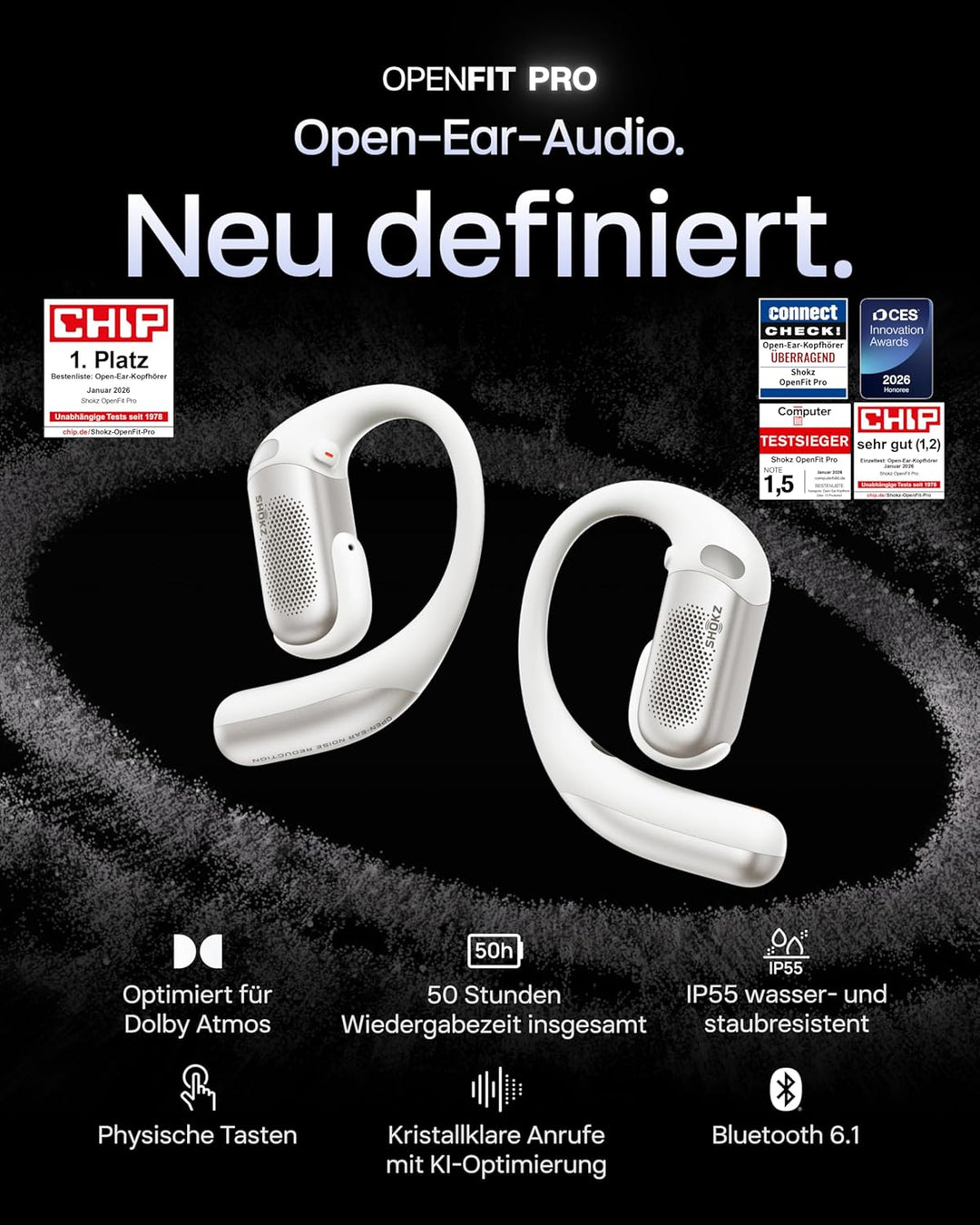 SHOKZ OpenFit Pro Open-Ear-Kopfhörer mit Open-Ear Geräuschreduzierung, Optimised for Dolby Atmos, Ti