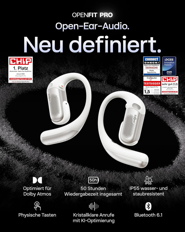 SHOKZ OpenFit Pro Open-Ear-Kopfhörer mit Open-Ear Geräuschreduzierung, Optimised for Dolby Atmos, Ti