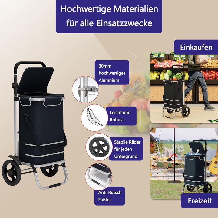 Einkaufstrolley 64L gross, Einkaufstasche mit Rollen klappbar, Einkaufswagen bis 60kg, Trolley mit K