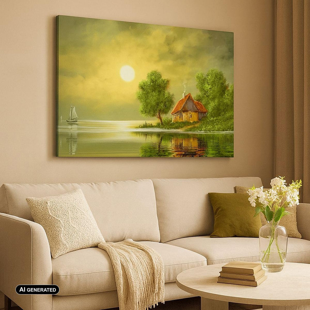 Bilder auf Leinwand 100x70cm Leinwandbild mit Rahmen Boot Wasser Hütte Gross Wanddeko Bild Schlafzim