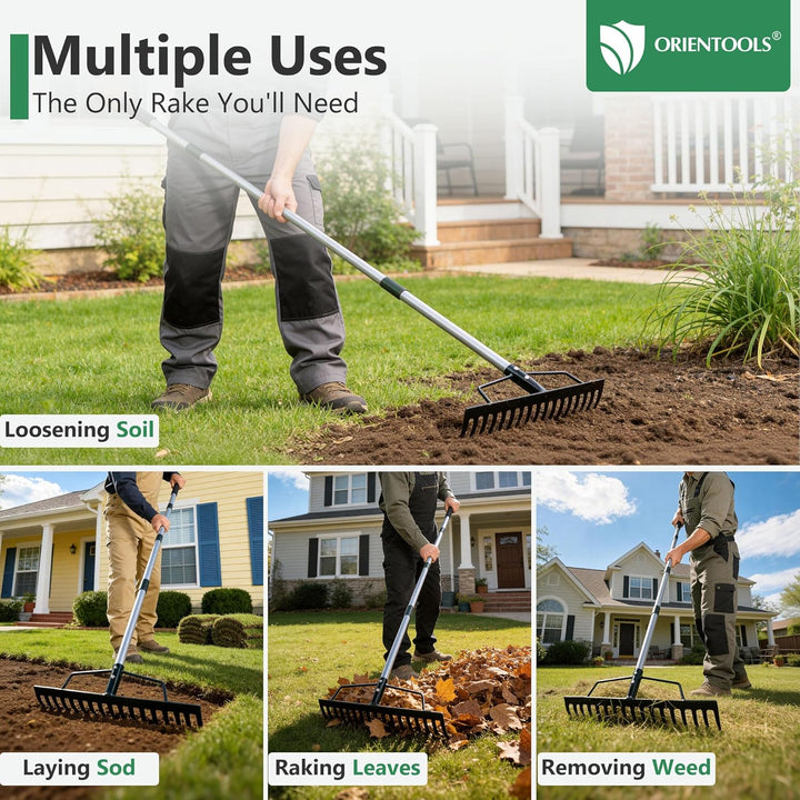ORIENTOOLS Gartenrechen, schwere Ausführung, 44 cm Breite, 160 cm Stiellänge, 1,7 kg für Boden locke