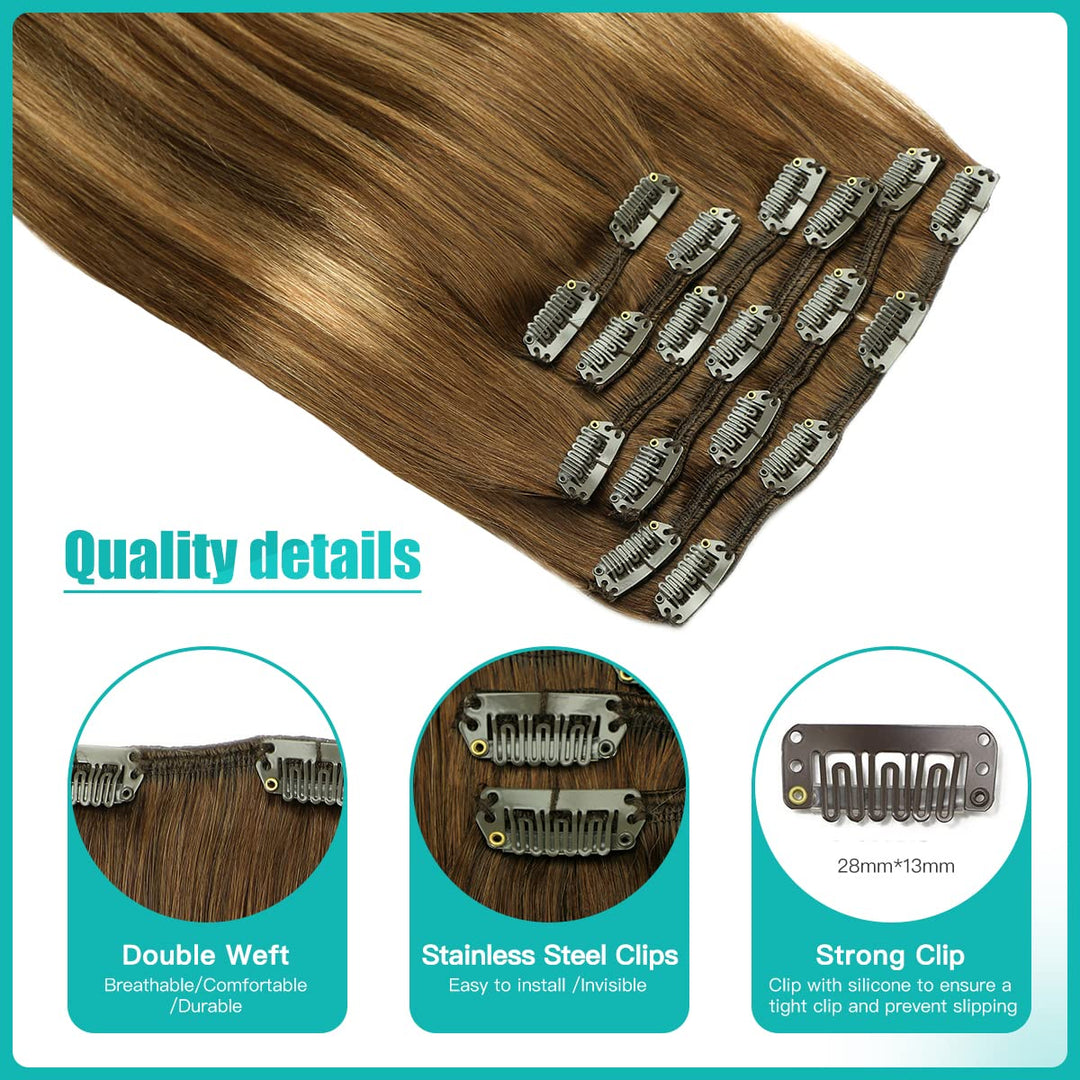 SURNEL Haarverlängerung Echthaar Clip 6pcs/120g Balayage Dunkelbraun mit Karamellblond Echthaar Exte