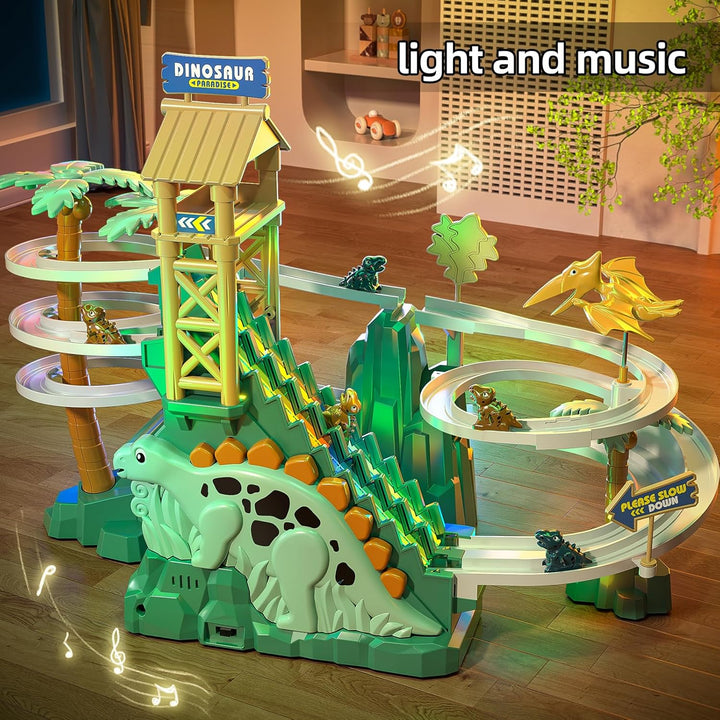 JUKUDAHU Dinosaurier Rennstrecke Spielzeug für Kinder 3-8 Jahre | Kletterrutsche Treppen Spielset, A
