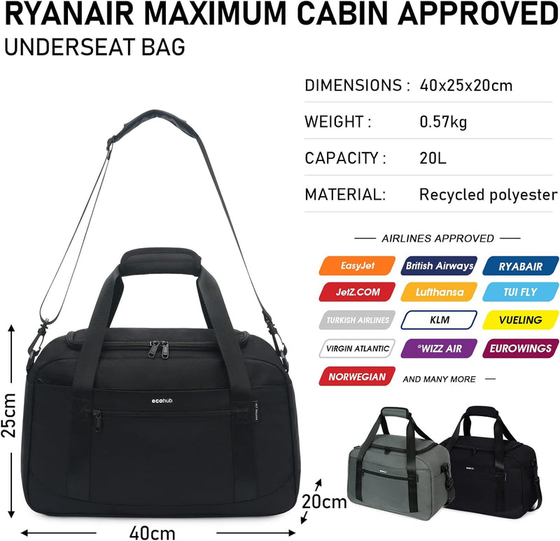 ECOHUB Handgepäck 40x20x25 für Ryanair Reisetasche Tasche für Flugzeug Unter Sitzplatz, Koffer PET-R